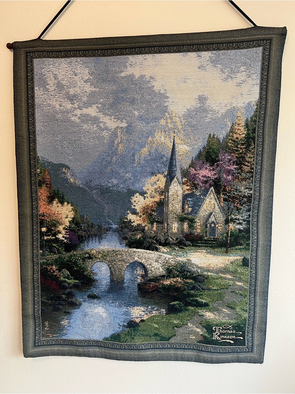 Thomas Kinkade 34x26 Woven Tapestry Wall Hanging Church Bridge Cottagecore